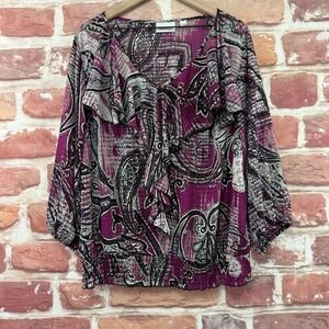 Avenue Top Women's 18/20 Multicolor Boho Floral Paisley Ruffle Sheer Shirt